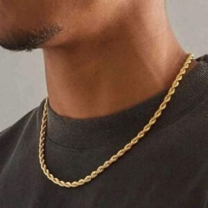 Gold finish rope chain necklace worn by man