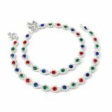 Luxury multicolor crystal silver anklet for women with red green and blue stones worn with heels