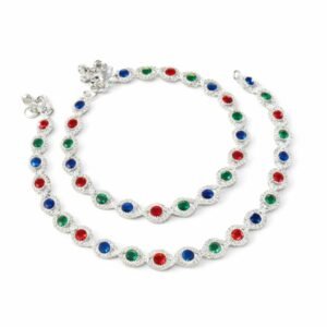 Luxury multicolor crystal silver anklet for women with red green and blue stones worn with heels