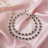 Luxury black crystal silver anklet for women with elegant round black stones and silver detailing