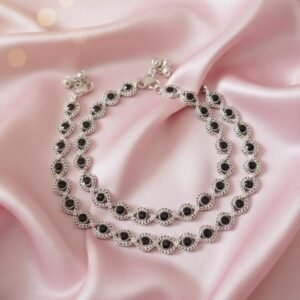 Luxury black crystal silver anklet for women with elegant round black stones and silver detailing
