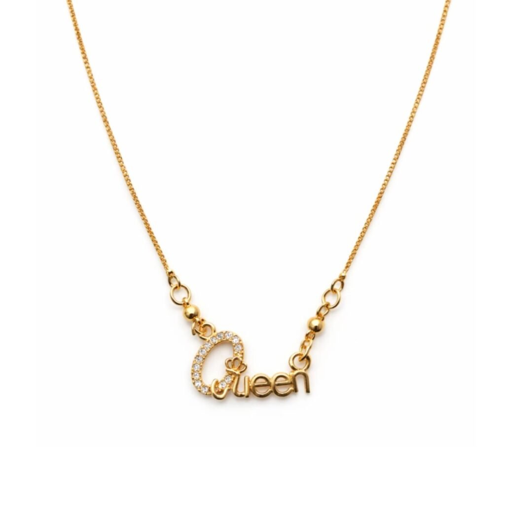 Gold Queen name pendant necklace with zircon stones and delicate chain for women