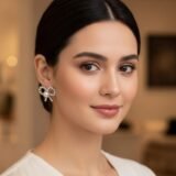 Luxury pearl bow stud earrings with zircon crystal detailing and silver-tone finish for women