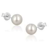Classic white round pearl stud earrings with silver push-back closure for women