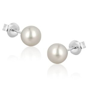 Classic white round pearl stud earrings with silver push-back closure for women