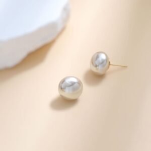 Classic white round pearl stud earrings with silver push-back closure for women