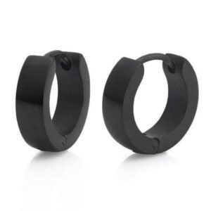 Black stainless steel minimal hoop earring for men worn on ear