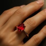 Elegant oval ruby color stone gold ring with classic prong setting for women