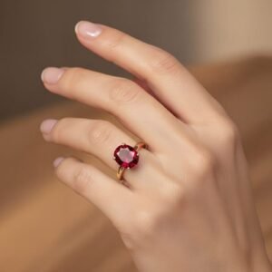 Elegant oval ruby color stone gold ring with classic prong setting for women