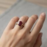 Elegant oval ruby color stone gold ring with classic prong setting for women