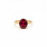 Elegant oval ruby color stone gold ring with classic prong setting for women