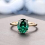 Emerald green oval solitaire ring with gold plated band for women small size elegant jewelry
