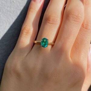 Emerald green oval solitaire ring with gold plated band for women small size elegant jewelry