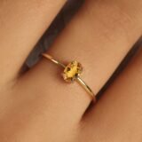 Golden amber oval solitaire ring with 18K gold plated band small size elegant women jewelry