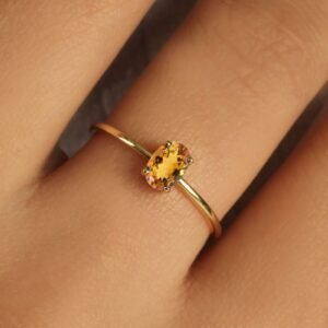 Golden amber oval solitaire ring with 18K gold plated band small size elegant women jewelry